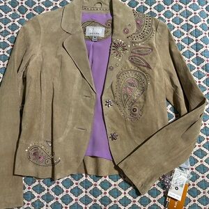 Bundle:Wilsons Leather Beige Embroidered Blazer. Black leather pink lining coat.